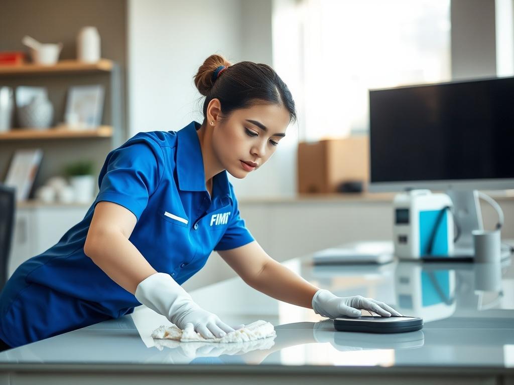 A professional female cleaner in a royal blue branded shirt with 'FIMI' logo on the left side of her shirt breast, diligently cleaning an office table. The scene is bright and inviting, showcasing a tidy office environment with a polished table, some office supplies neatly arranged, and natural light streaming through a window. The focus should be on the cleaner, highlighting her concentration and professionalism as she performs her task.