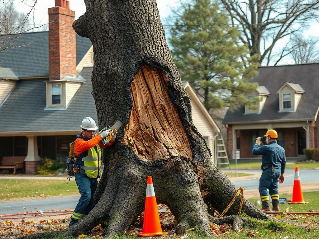 **AI Image Generation Prompt:**

Create a realistic high-resolution photo showcasing a tree removal scene in Connecticut. The image should feature a single, large, hazardous tree that is partially cut down, with the trunk showcasing visible signs of damage and decay, such as deep cracks and dead branches. The tree should be prominently located in the center of the frame, emphasizing the urgency of its removal. 

In the background, depict a residential home with a clear view of a nearby roof and driveway, il