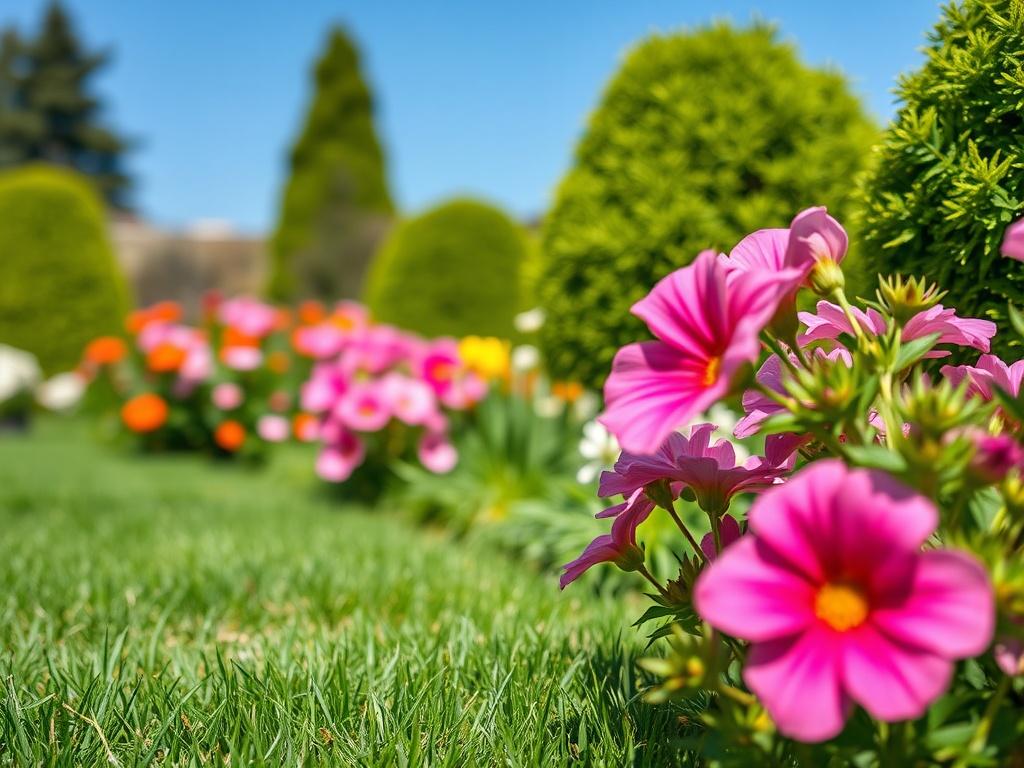 A realistic, close-up shot of a beautifully maintained garden with vibrant flowers and healthy shrubs, showcasing a well-manicured lawn. The composition should highlight the lush greenery and colorful blooms, with a clear blue sky in the background, shot with a 45mm f/1.2 lens style to emphasize depth of field and detail.