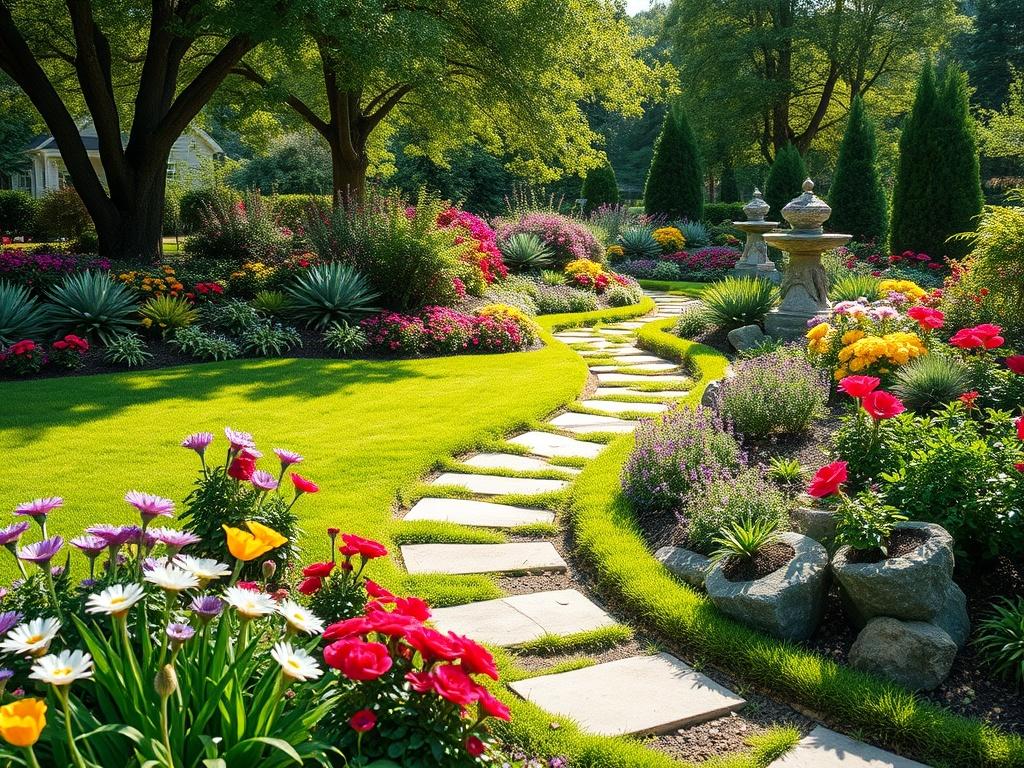 A beautifully landscaped garden featuring vibrant flowers, lush green lawns, and expertly placed decorative stones. The scene showcases a variety of plants in full bloom, with a well-maintained path leading through the garden. Soft sunlight filters through the trees, highlighting the intricate details of the landscape design. The composition focuses on the colorful flowers and greenery, creating an inviting and serene atmosphere.