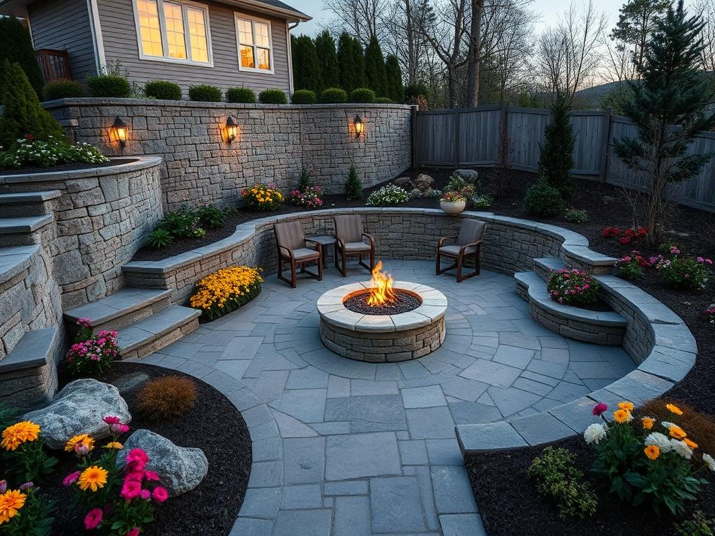 A stunning hardscape installation featuring a beautifully designed stone patio with accompanying stone walkways and a fire pit. The image captures the craftsmanship of the stonework, highlighting the intricate patterns and textures. Surrounding the patio are well-maintained garden beds filled with seasonal flowers, creating a vibrant contrast against the stone. Soft evening lighting enhances the inviting atmosphere, showcasing the outdoor space as perfect for gatherings and relaxation.