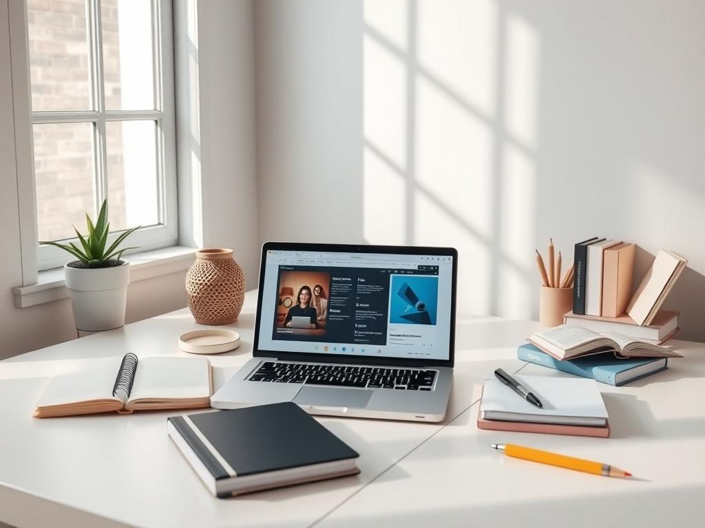 A visually appealing workspace featuring a laptop open to an