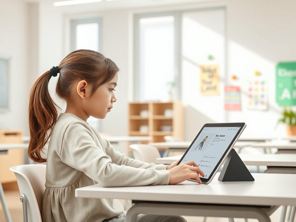 Create a realistic high-resolution image depicting a modern classroom environment focused on the theme "Transforming Education with AI Tutors." The composition should feature a single, engaged student sitting at a sleek, minimalistic desk, deeply focused on a high-tech tablet displaying an AI tutor interface. The student, a young girl of around 10 years old with medium brown hair tied back in a ponytail, should be shown in mid-concentration, with a look of curiosity and engagement on her face.

The backgrou