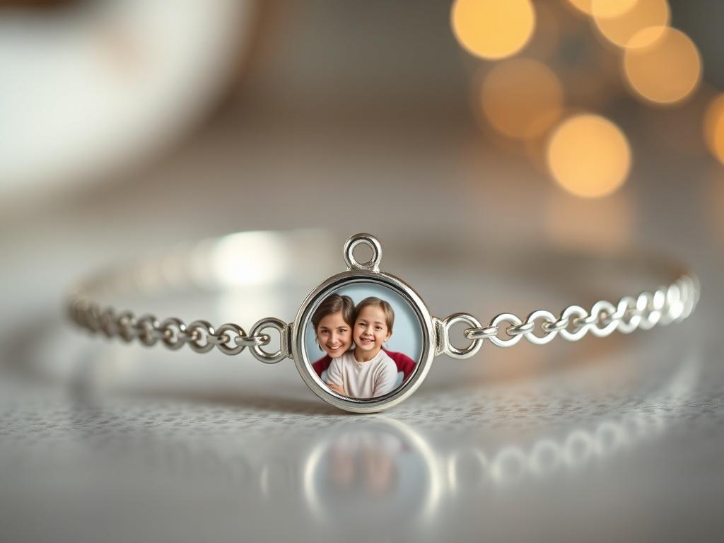 A beautiful silver bracelet featuring a round picture charm. The bracelet should be delicately designed with intricate details, showcasing the round charm prominently in the center. The background should be softly blurred to emphasize the bracelet and charm, with warm lighting highlighting the shimmer of the silver. The overall composition should evoke elegance and personalization, inviting the viewer to appreciate the craftsmanship and the opportunity to customize the charm.