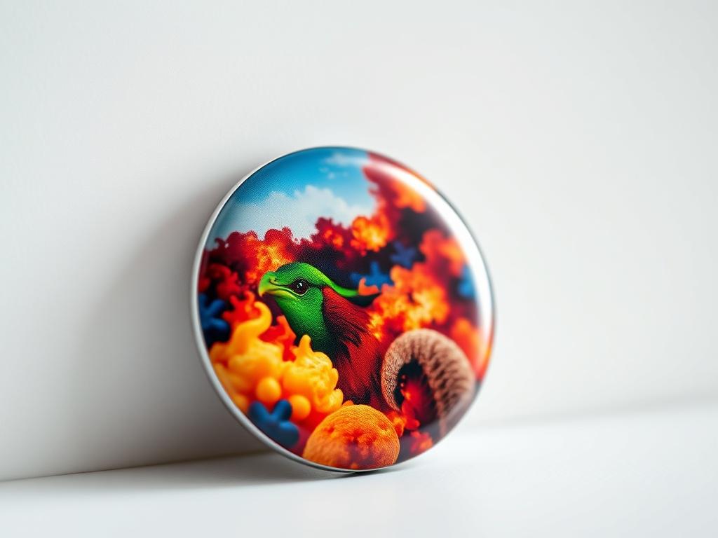 Create a hyper-realistic close-up shot of a pinback button featuring a vibrant, colorful image. The button should be prominently displayed in the center of the composition, showcasing its glossy finish and the intricate details of the picture on it. The background should be simple and blurred to keep the focus on the button, with soft natural lighting that enhances the colors of the image. Aim for a clean and appealing aesthetic that highlights the craftsmanship of the pinback button.