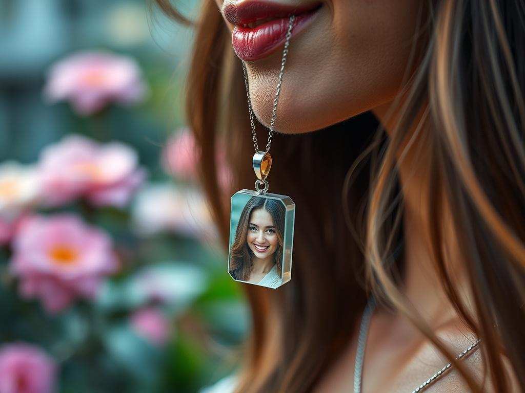 A close-up of a beautiful woman wearing a custom photo pendant necklace, showcasing a clear, vibrant photo in the pendant. The background features a soft-focus garden setting with flowers, creating a serene and personal atmosphere.