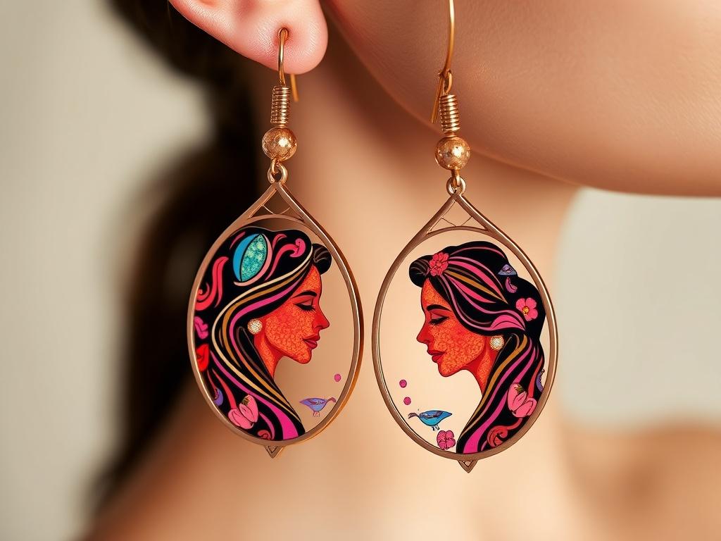 A close-up shot of a beautiful pair of women's earrings designed with a graphic image of a mother, showcasing intricate details and vibrant colors. The earrings should be hanging elegantly on a soft, neutral background to highlight their craftsmanship. The focus should be on the earrings, capturing the essence of personalization and love, making it ideal for gifting.