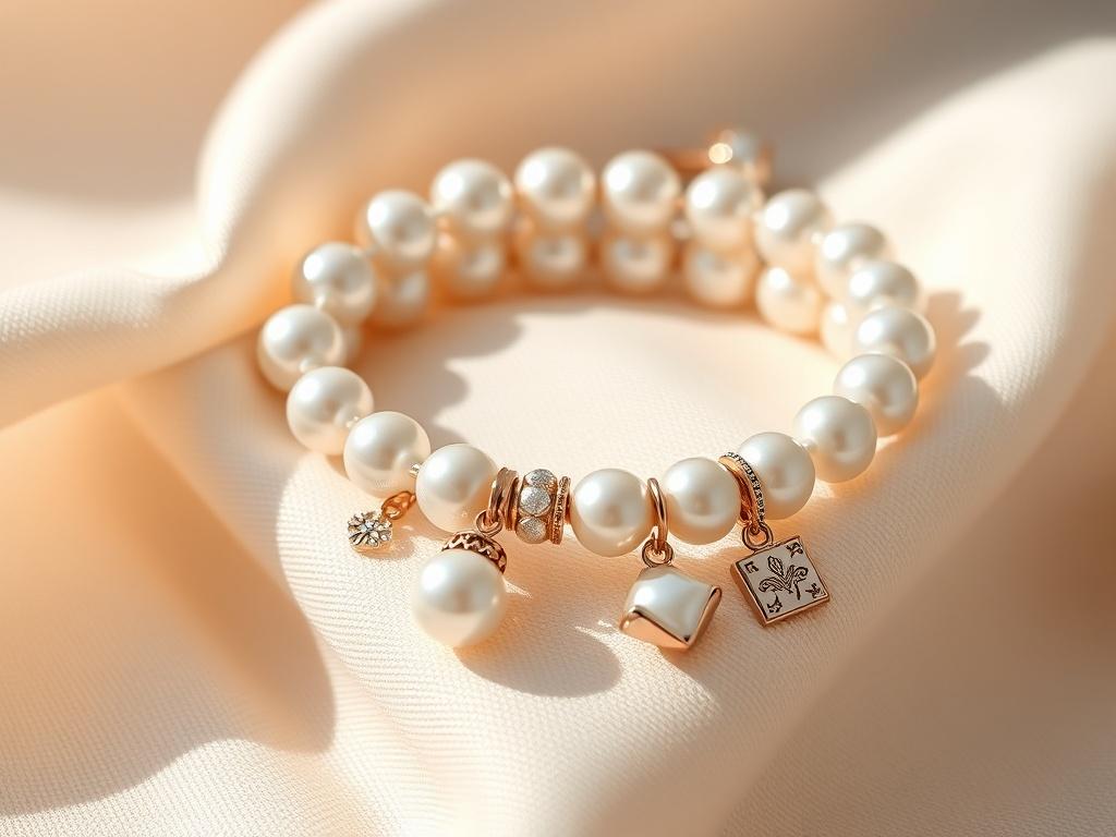 A realistic high-resolution photo of a women's white pearl charm bracelet, elegantly displayed on a soft, neutral-colored fabric. The bracelet should be the main focus, showcasing its lustrous white pearls and intricate silver or rose gold charms. The background should be softly blurred to emphasize the beauty of the bracelet, with natural light highlighting its shine and details.