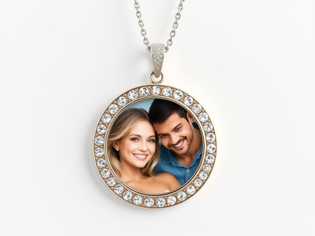 A realistic high-resolution photo of a round rhinestone pendant necklace with a double-sided tray, showcasing a vibrant and clear image of a loved one on one side. The pendant is elegantly displayed on a simple, neutral background to emphasize its beauty. The chain should be visible and gracefully draping, with the pendant shining in silver, rose gold, and gold tones, capturing a sense of luxury and personalization.