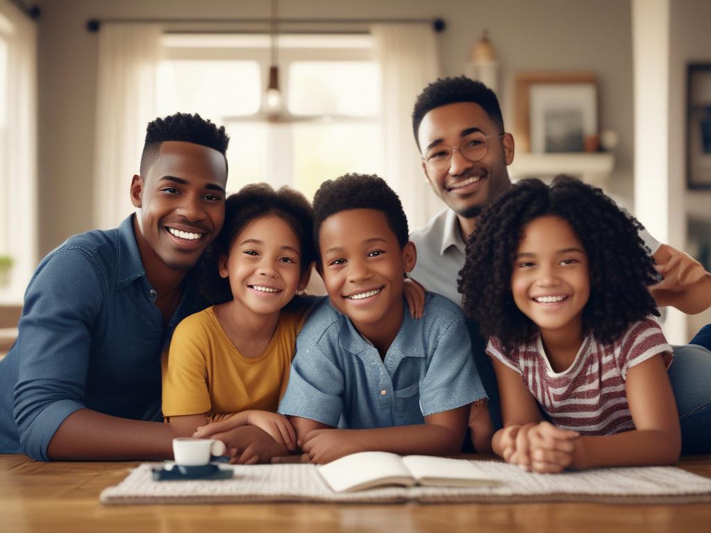 A close-up shot of a diverse family smiling together in a cozy home setting, showcasing warmth and togetherness. The family consists of parents and children, with a soft-focus background that suggests a comfortable living space. The image should be rendered in hyper-realistic style, with vibrant colors and a focus on the emotions of joy and connection, shot with a 45mm f/1.2 lens.