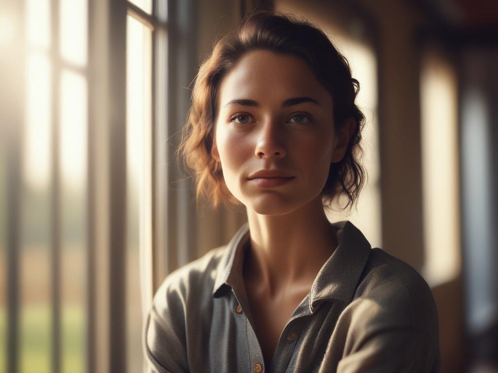 A close-up shot of a person with a hopeful expression, looking out of a window with soft sunlight illuminating their face. The background should depict a serene outdoor scene, symbolizing hope and new beginnings. The image should evoke a sense of resilience and strength.