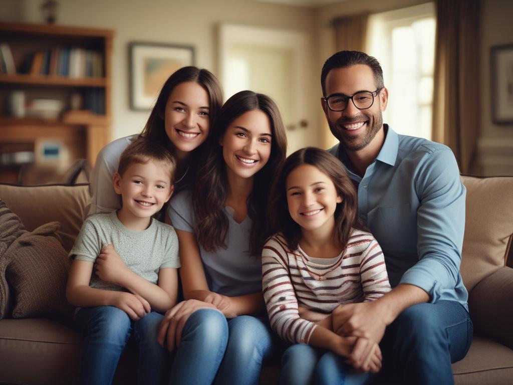 A close-up shot of a family gathered together in a warm, inviting home setting, showcasing genuine smiles and a sense of togetherness. The background should be softly blurred to emphasize the family connection, with natural lighting enhancing the warmth of the scene. The image should reflect a cozy and supportive environment.