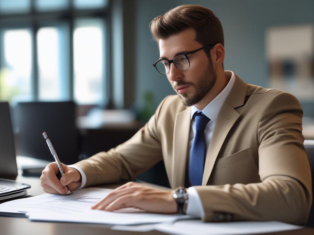 A close-up shot of a professional individual in an office setting, reviewing documents with a focused expression. The background should be a well-organized workspace, emphasizing professionalism and determination. The image should convey a sense of clarity and purpose in the pursuit of a goal.