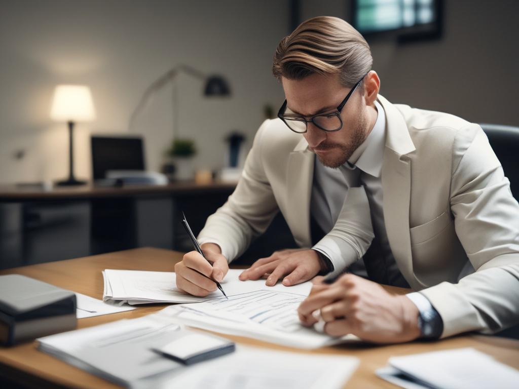 A close-up shot of a professional consultant reviewing documents with a client at a desk, illustrating collaboration and focus. The setting is a modern office with a clean background, symbolizing professionalism. The lighting is bright and inviting, enhancing the atmosphere of productivity. The image is taken with a 45mm f/1.2 lens to create an engaging depth of field.