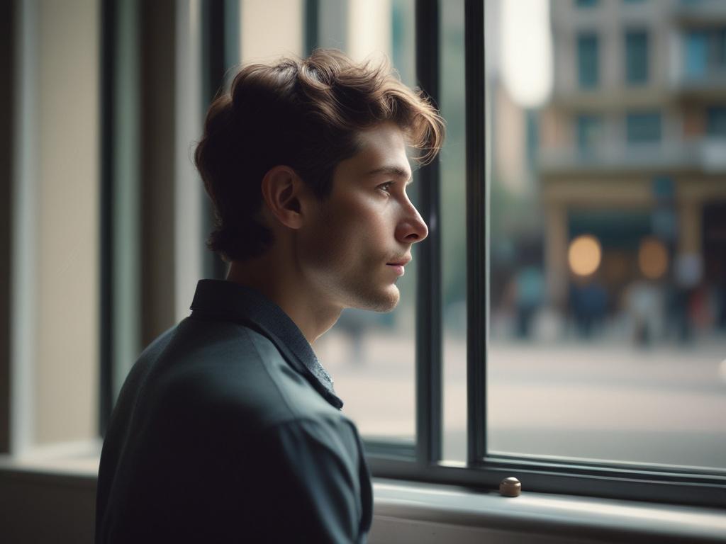 A close-up shot of a person sitting alone, looking out of a window with a thoughtful expression. The background should be softly blurred, symbolizing contemplation and hope. The lighting is natural and soft, creating a serene atmosphere. The image is captured with a 45mm f/1.2 lens to emphasize the subject's emotions.
