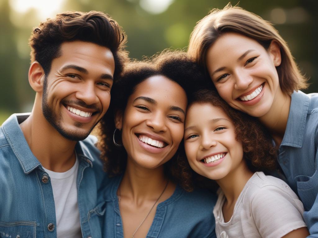 A close-up shot of a diverse family happily embracing each other, showcasing joy and togetherness. The background is softly blurred, emphasizing the family's emotional connection. The lighting is warm and inviting, highlighting the expressions on their faces. The image is shot with a 45mm f/1.2 lens to create a soft bokeh effect.