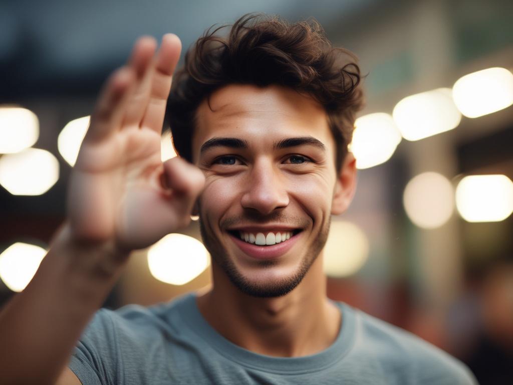 A close-up shot of a determined individual raising their hand in a gesture of hope and resilience. The background is softly blurred, focusing on their expressive face, captured with a 45mm f/1.2 lens. The image conveys strength and determination, incorporating the rgb(155, 2, 2) color subtly in their attire.