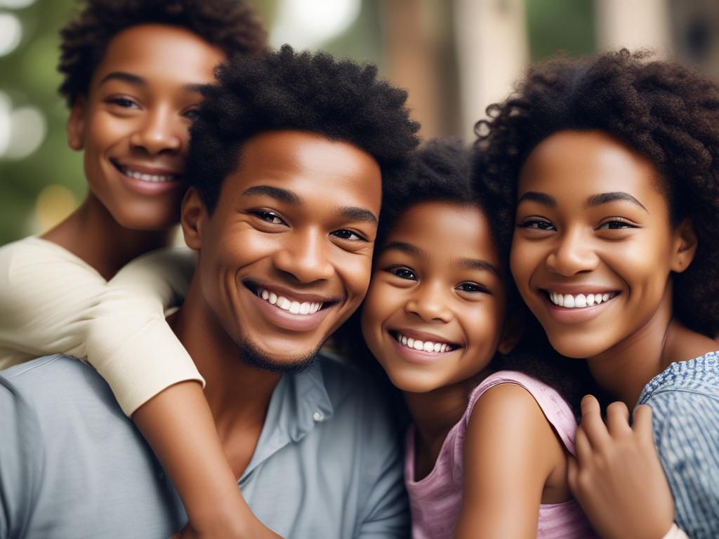 A close-up shot of a diverse family happily embracing each other, symbolizing unity and love. The background is softly blurred to focus on their joyful expressions, captured with a 45mm f/1.2 lens. The color palette emphasizes warmth and connection, with a hint of rgb(155, 2, 2) in their clothing.