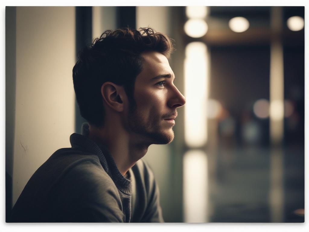 A close-up shot of a thoughtful individual sitting in a quiet space, reflecting on their journey. The background should be subtly blurred, allowing the viewer to focus on the person's expression of hope and determination. The image should be realistic and high-resolution, capturing the essence of resilience and courage.