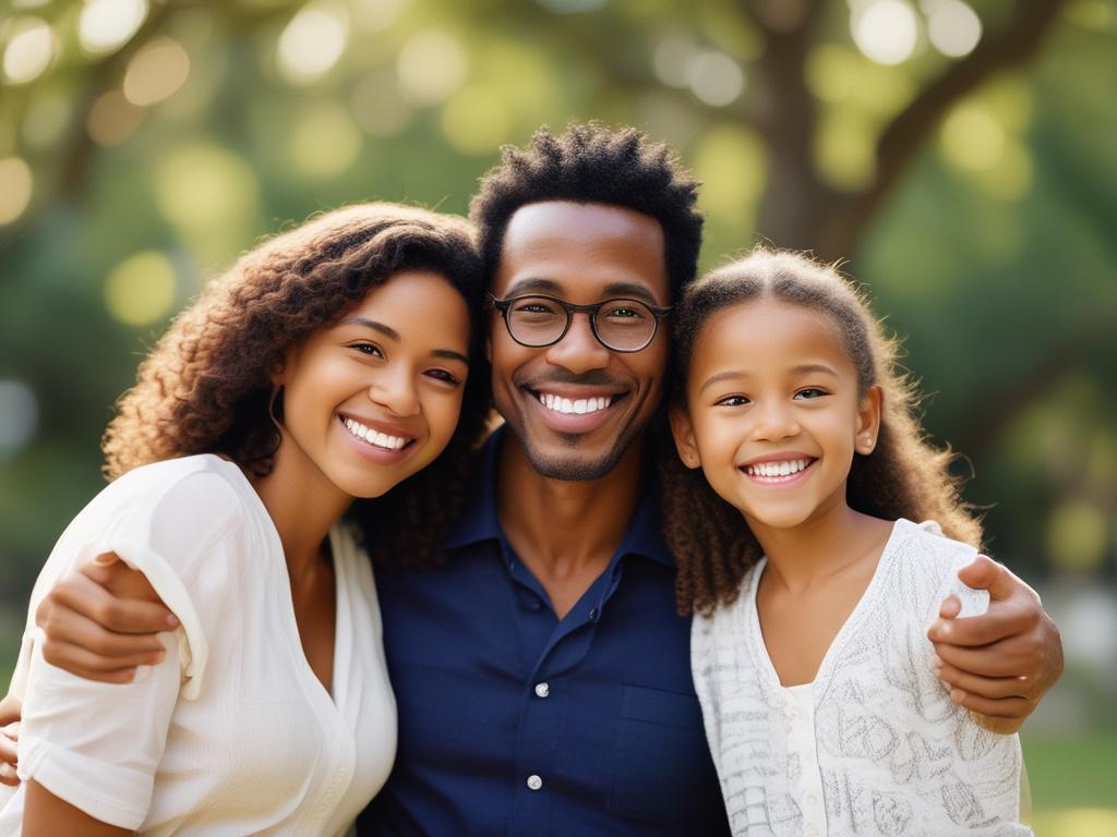 A close-up shot of a diverse family happily embracing outdoors, showcasing a sense of unity and love. The background should be softly blurred to emphasize the family's joyful expression. The image should be realistic and rendered in high-resolution, capturing the essence of togetherness. Use a warm color palette to evoke emotions of comfort and belonging.
