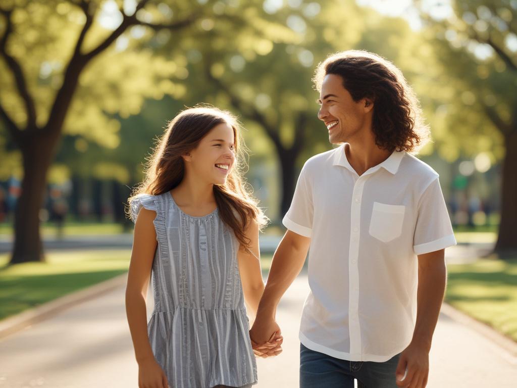 A close-up shot of a smiling family happily holding hands together in a sunlit park. The focus is on their joyful expressions and the warmth of their connection. The background features soft greenery, creating a serene atmosphere. The image is rendered in hyper-realistic detail, capturing the essence of family unity. The color scheme is compatible with rgb(155, 2, 2).