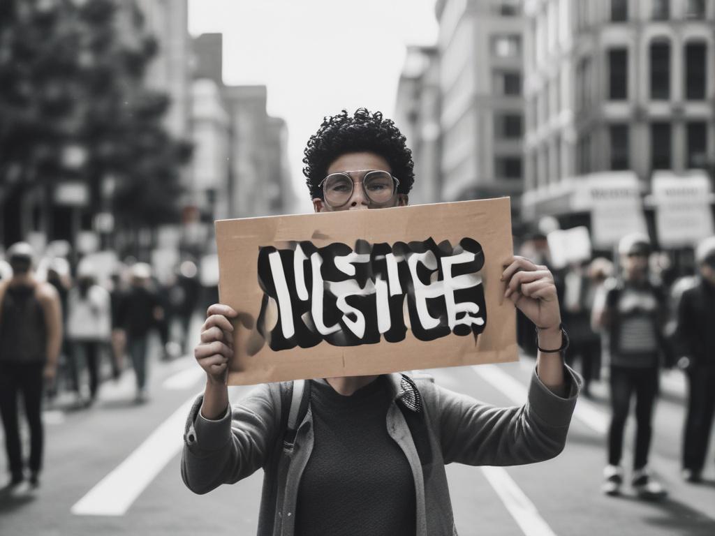 A close-up shot of a determined individual holding a sign that reads 'Justice' in a peaceful protest setting. The focus is on their passionate expression and the sign, symbolizing their fight for human rights. The background features blurred figures of supporters, creating a sense of solidarity. The image is hyper-realistic, highlighting the emotional weight of the moment. The color scheme matches rgb(155, 2, 2).