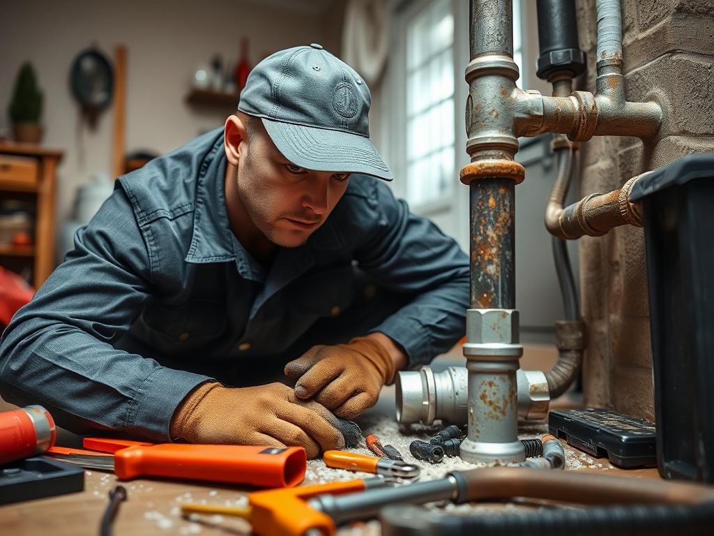 A close-up shot of a plumber urgently repairing a burst pipe in a home setting. The image should depict tools and equipment scattered around, emphasizing the urgency of the situation. The plumber should be focused and determined, with a hyper-realistic style, shot with a 45mm f/1.2 lens.