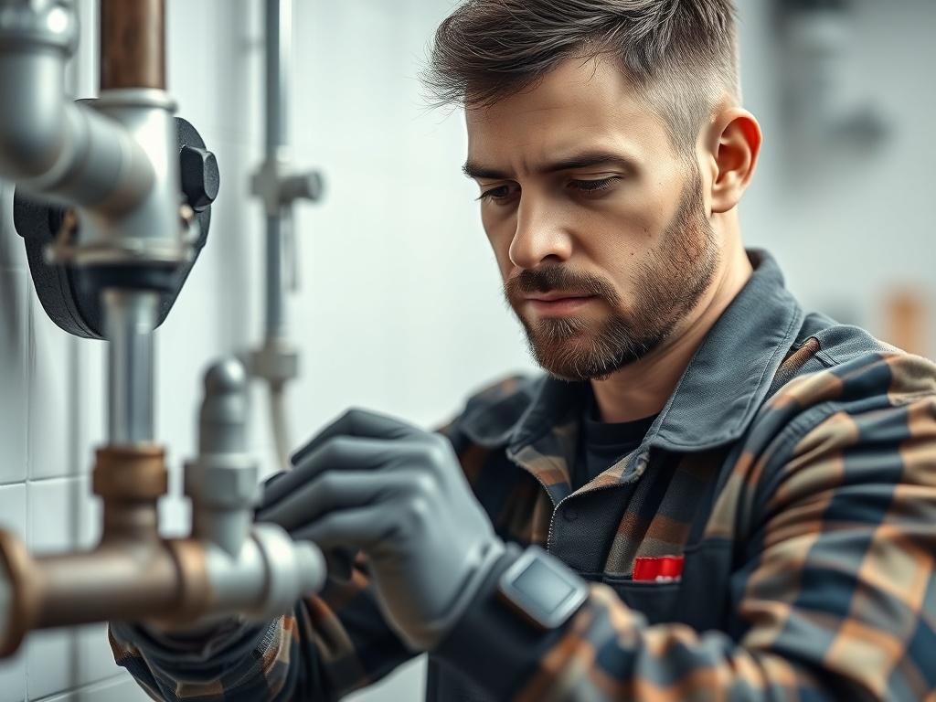 A close-up shot of a professional plumber working on a pipe, showcasing high-quality tools and materials. The background should be a clean, well-lit plumbing workspace, highlighting the plumber's focused expression and careful technique. The image should be hyper-realistic, shot with a 45mm f/1.2 lens to capture fine details.