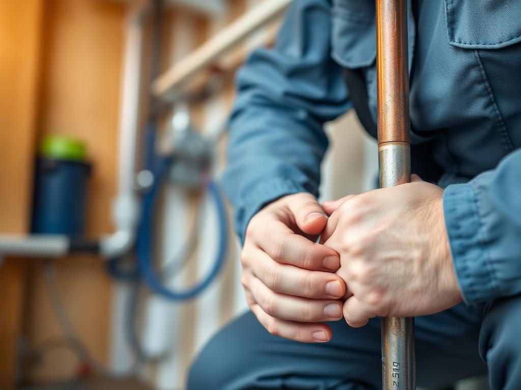 A close-up shot of a plumber installing new pipes in a residential setting. The focus should be on the hands of the plumber working with precision, surrounded by high-quality materials. The background should hint at a well-organized workspace, captured in a hyper-realistic style with a 45mm f/1.2 lens.
