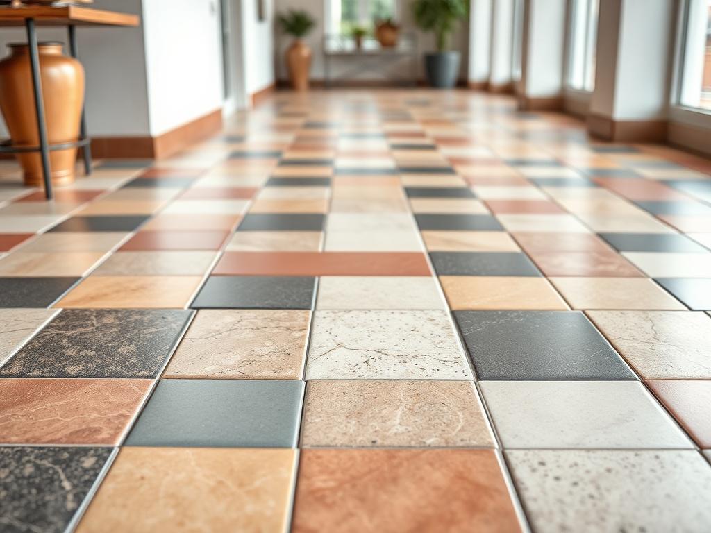 A high-resolution close-up of a stylish tiled floor featuring a mix of vibrant and neutral tiles in a contemporary pattern. The setting is bright and inviting, captured with a 45mm f/1.2 lens.