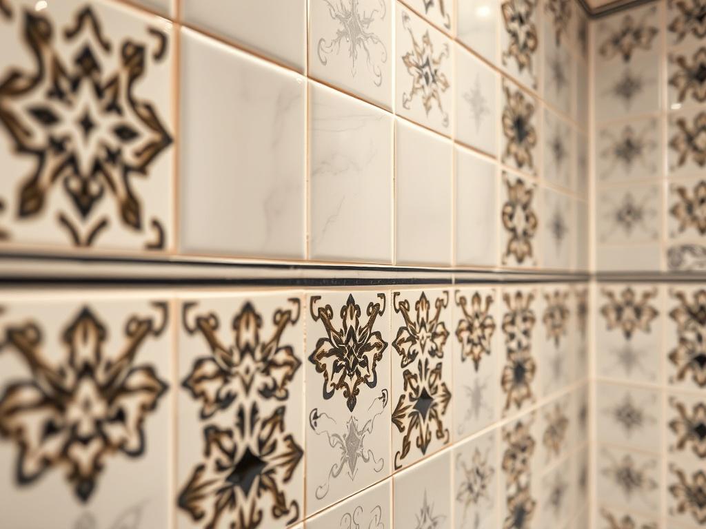 A close-up shot of a beautifully tiled bathroom wall featuring intricate designs and patterns, showcasing high-quality ceramic tiles with a glossy finish. The background is softly blurred to emphasize the tiles, captured with a 45mm f/1.2 lens.