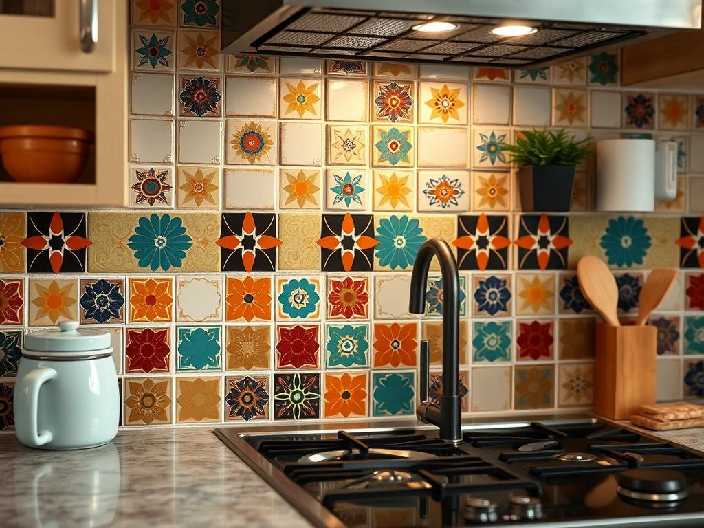 A close-up shot of a beautifully tiled kitchen backsplash, featuring colorful ceramic tiles arranged in an artistic pattern. The setting is cozy and modern, captured with a 45mm f/1.2 lens.