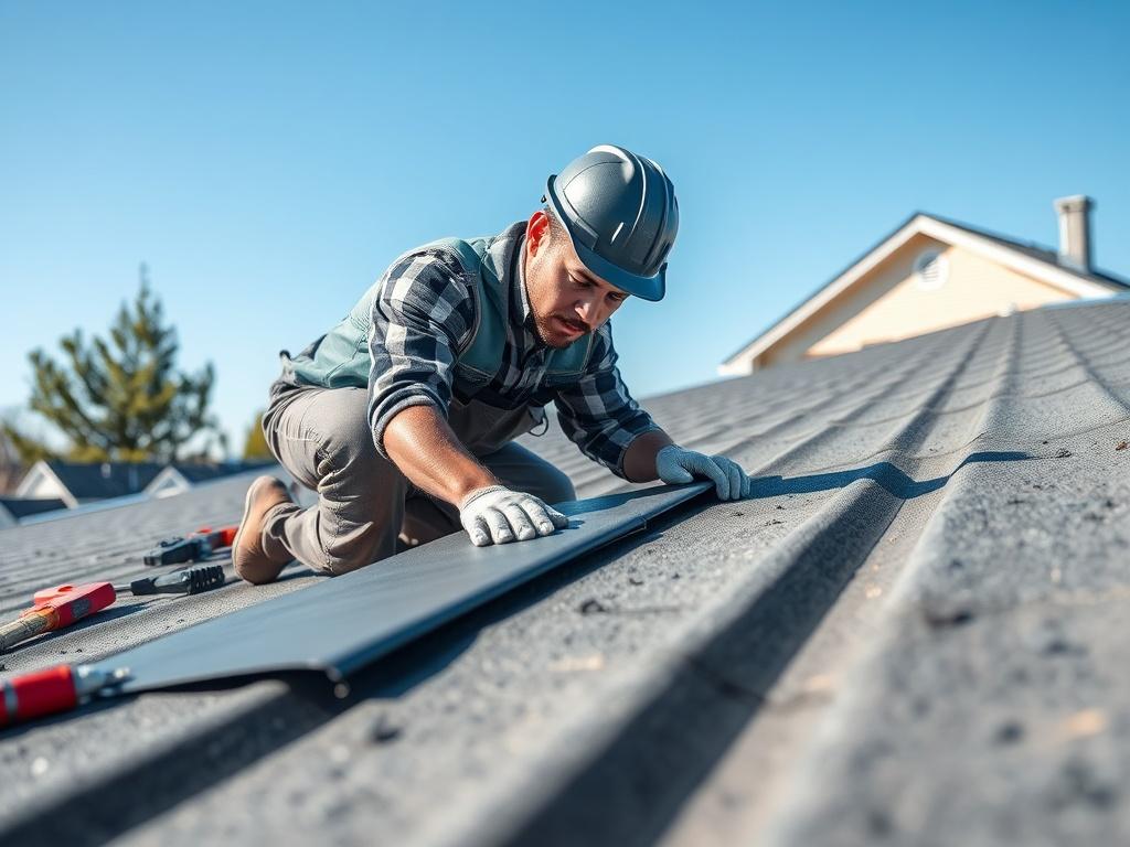 A close-up shot of a skilled roofer applying durable roofing material on a flat roof, showcasing quality workmanship. The background features a clear blue sky and a well-maintained residential building, with tools neatly arranged nearby. The composition should highlight the roofer's focused expression and the texture of the roofing material, emphasizing craftsmanship and professionalism. The overall color scheme should harmonize with the primary color #FF6E4E.