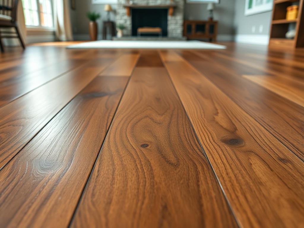 A close up shot of newly installed hardwood flooring, showcasing