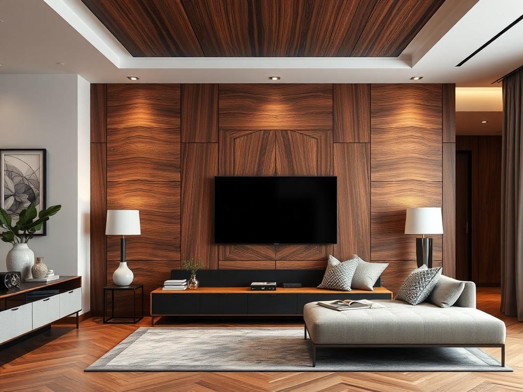 An elegantly designed feature wall in a modern living space, showcasing intricate wood paneling and stylish decor elements. The image should highlight the texture and colors of the wall, with soft lighting that enhances the overall ambiance of the room.