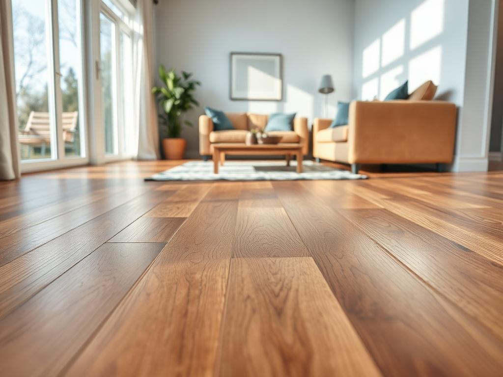 A beautifully installed hardwood floor in a bright, modern living room, showcasing the rich texture and color of the wood. The image should capture the elegance of the flooring, with natural light streaming in to highlight its quality.