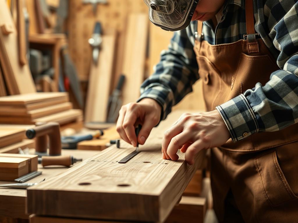A skilled carpenter measuring and cutting wood in a workshop, surrounded by various carpentry tools and high-quality wood materials. The focus is on the carpenter's hands working with precision, with a blurred background to emphasize the craftsmanship. The image should convey a sense of expert skill and attention to detail.