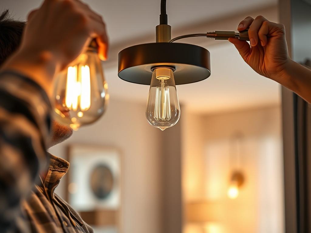 A close-up shot of an electrician installing a stylish light fixture in a modern room. The background should feature a well-decorated interior space with warm lighting, showcasing the elegance of the design. The image should be shot with a 45mm f/1.2 lens style.