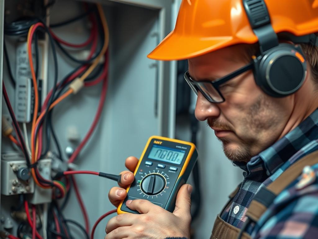 A close-up shot of an electrician diagnosing an electrical issue, with a focus on a multimeter in use. The background should show a partially open electrical panel with various wires and components, highlighting the technical nature of the work. The image should be shot with a 45mm f/1.2 lens style.