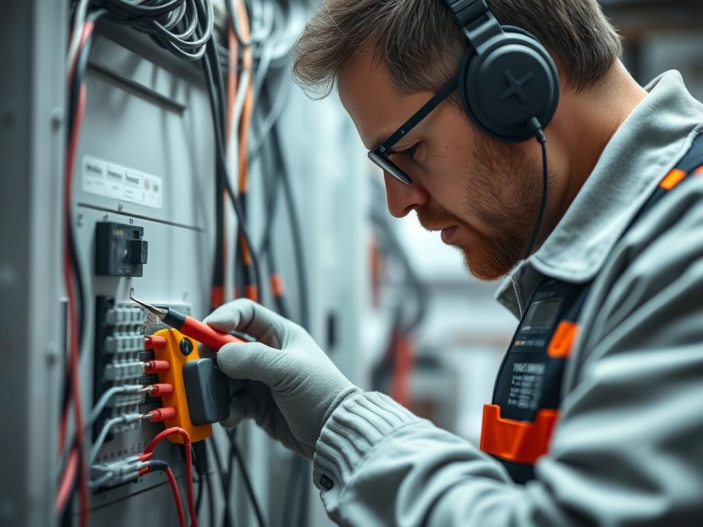 A close-up shot of an experienced electrician working meticulously on a circuit panel, showcasing tools like wire strippers and multimeters. The background should be a well-lit room with visible electrical components and wires neatly organized, emphasizing professionalism and safety. The image should be shot with a 45mm f/1.2 lens style.