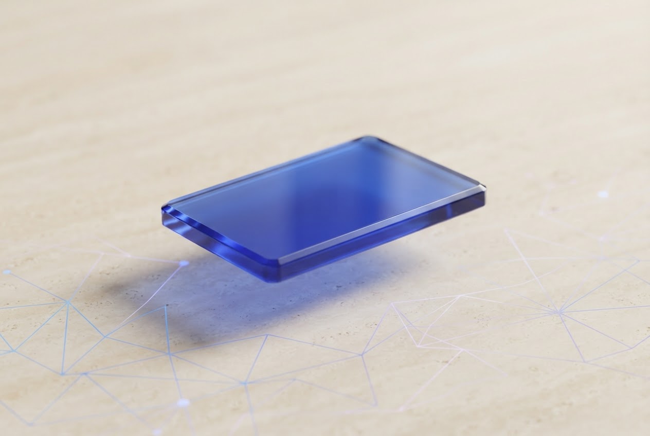 Sculptural blue digital wallet with an abstract network of connected nodes