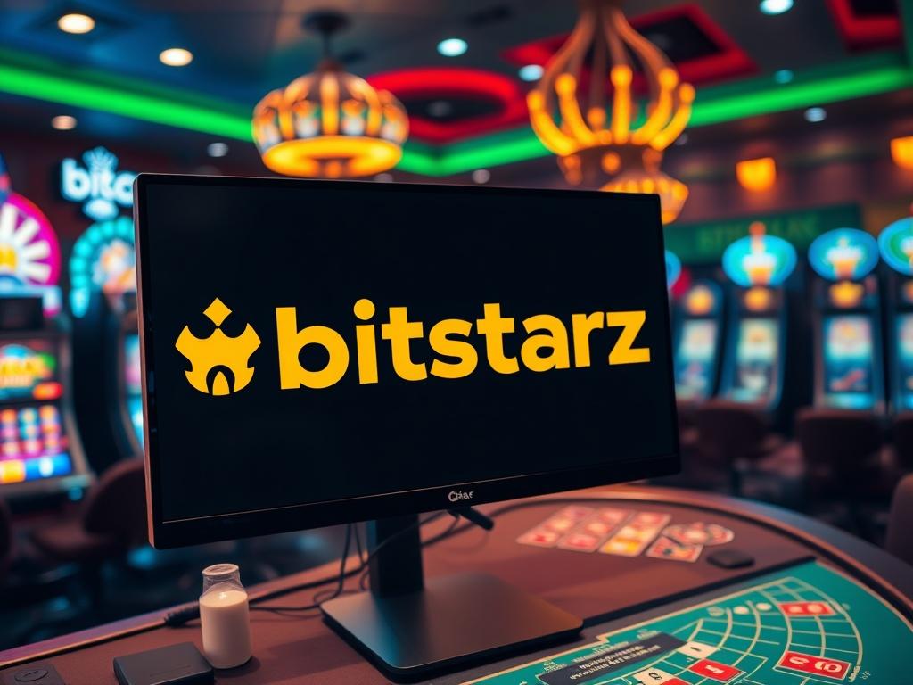 A hyper-realistic close-up shot of a vibrant online casino atmosphere, featuring the Bitstarz logo prominently displayed on a computer screen. The background should showcase a well-designed gaming interface with colorful slot machines and card tables. The lighting should be warm and inviting, capturing the excitement of online gaming.