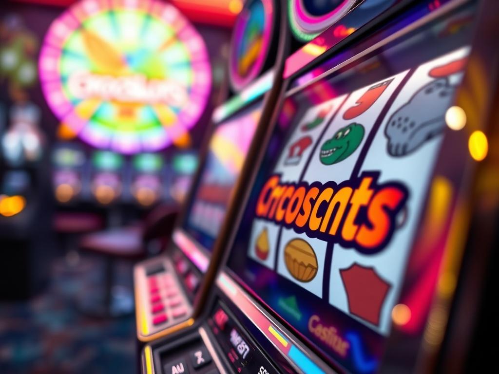 A hyper-realistic close-up shot of a colorful slot machine with the Crocoslots Casino branding. The background should feature a lively virtual casino setting, capturing the thrill of winning with animated graphics and vibrant colors. The lighting should highlight the excitement of the gaming experience.