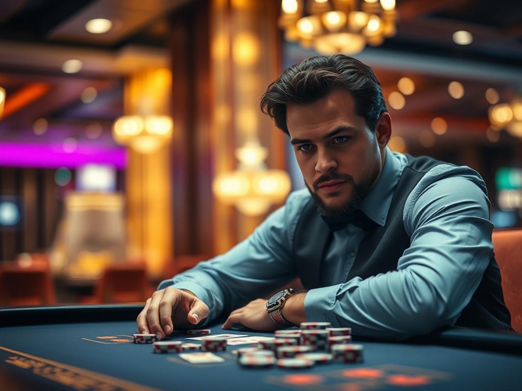 A close up shot of a confident and knowledgeable casino