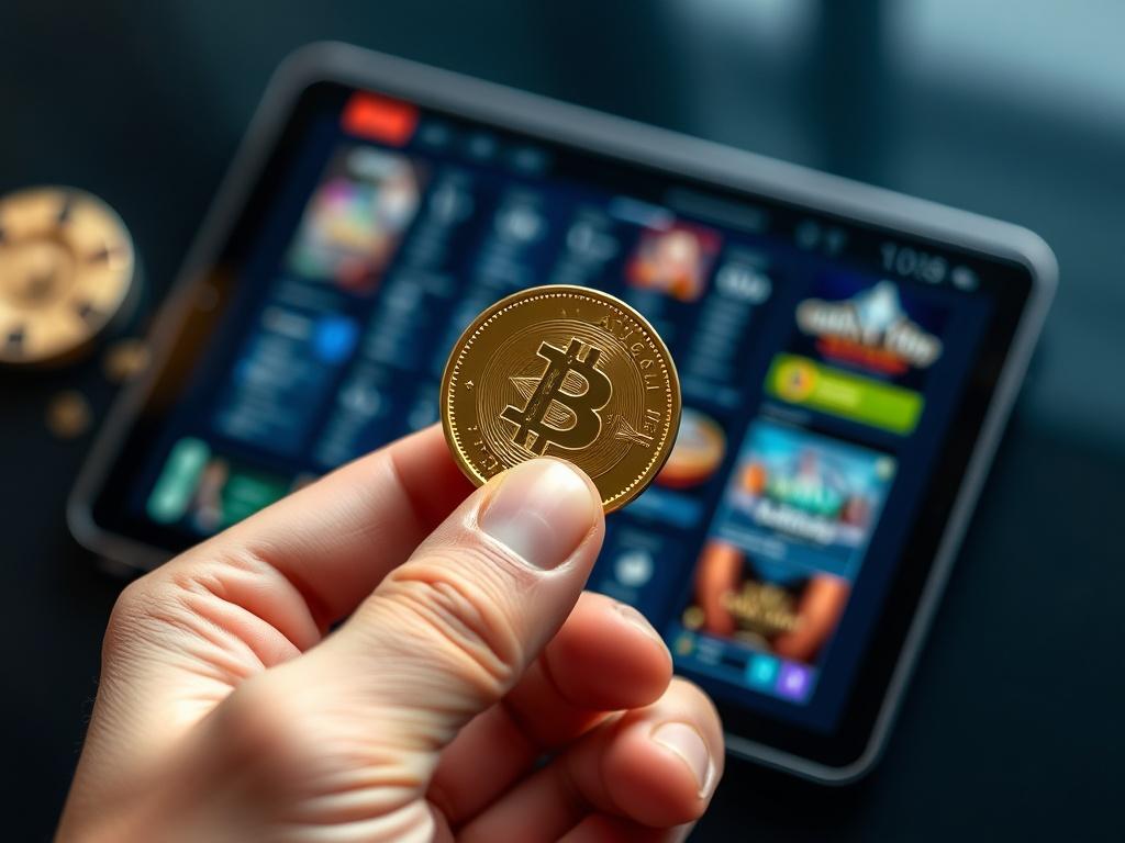 **AI Image Generation Prompt:** 

Create a realistic high-resolution photo featuring a close-up shot of a person's hand holding a shiny gold coin, symbolizing the concept of winning bonuses in online casinos. The hand should be well-groomed and presented in a natural, relaxed position, with the coin prominently displayed in focus, reflecting light to emphasize its metallic texture and detail.

In the background, use a softly blurred image of a sleek, modern digital device—such as a tablet or smartphone—wher