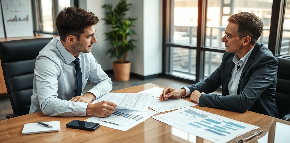 Professional business advisor reviewing insurance documents and strategy with clients at desk