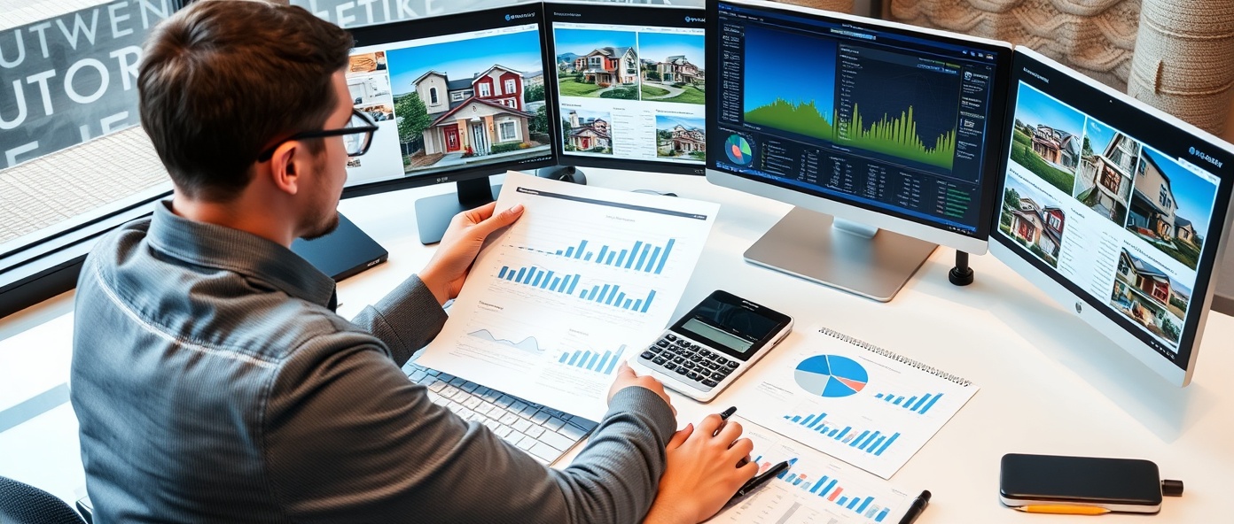 Professional real estate investor reviewing property portfolio documents, charts, and property listings at modern desk with investment strategy