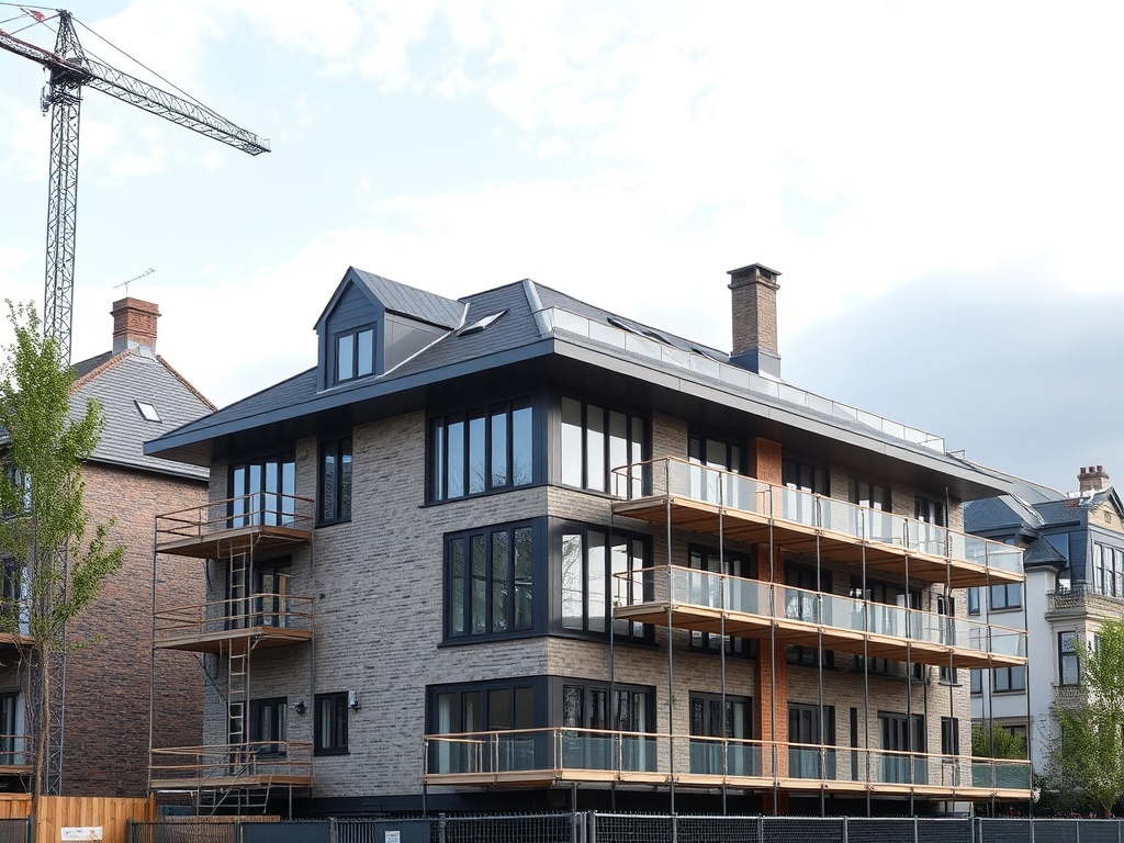 Property development and renovation project with modern construction and contemporary building design showing investment potential