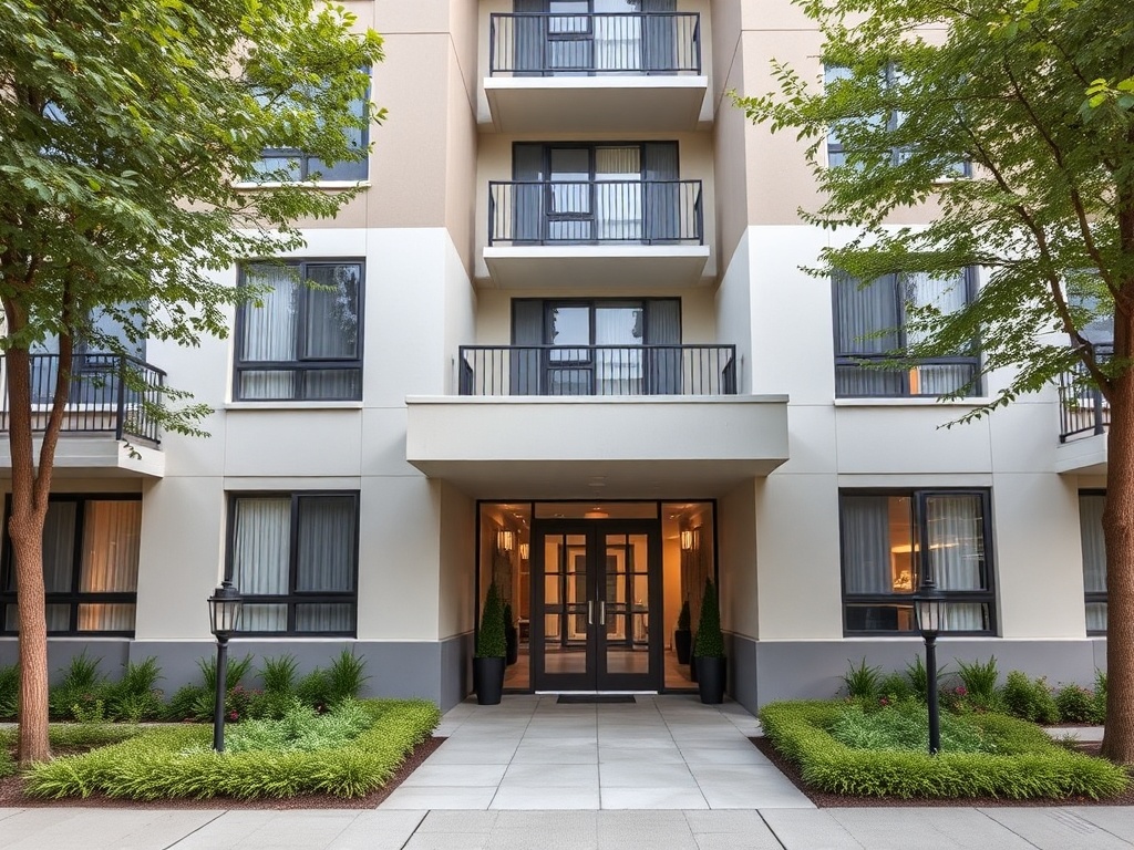 Modern residential rental apartment building exterior with well-maintained landscaping and professional entrance