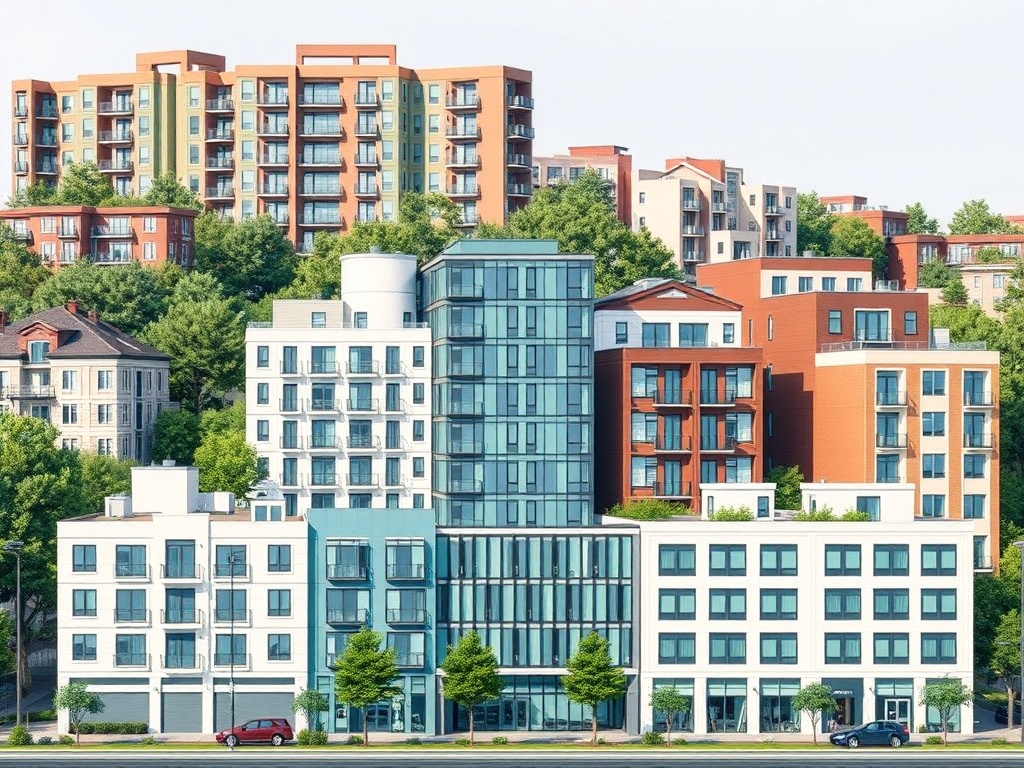 Diverse real estate portfolio composition showing multiple property types including residential townhouses and office buildings